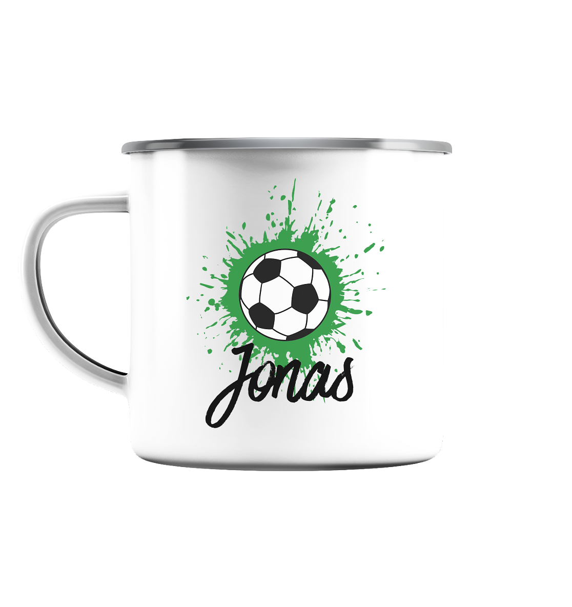 Fußball Splash Tasse mit Name - Herzhenkel©