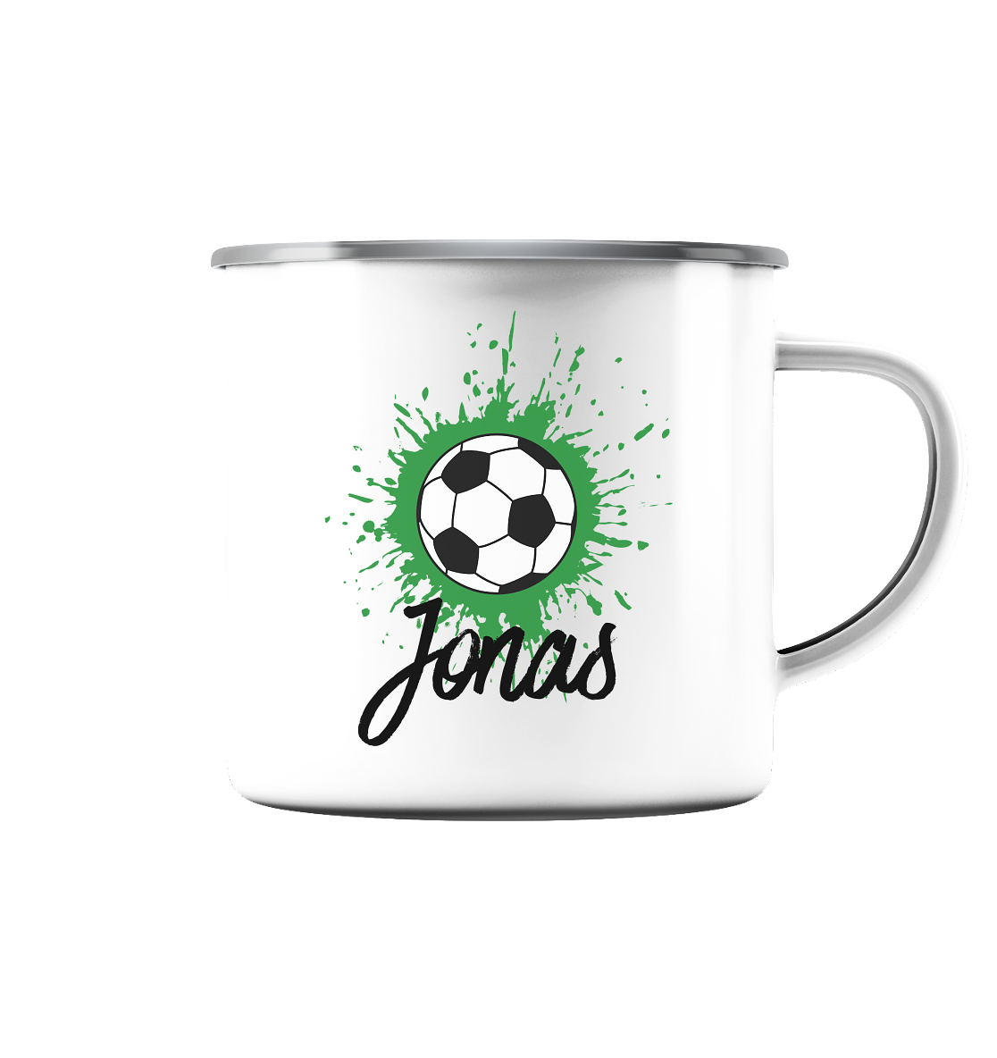 Fußball Splash Tasse mit Name - Herzhenkel©